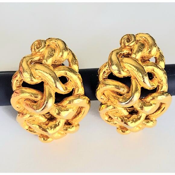 Sonia Rykiel Gold Earrings Chunky Clip-On Signed Vintage Mid Century Modern MCM - Picture 1 of 11